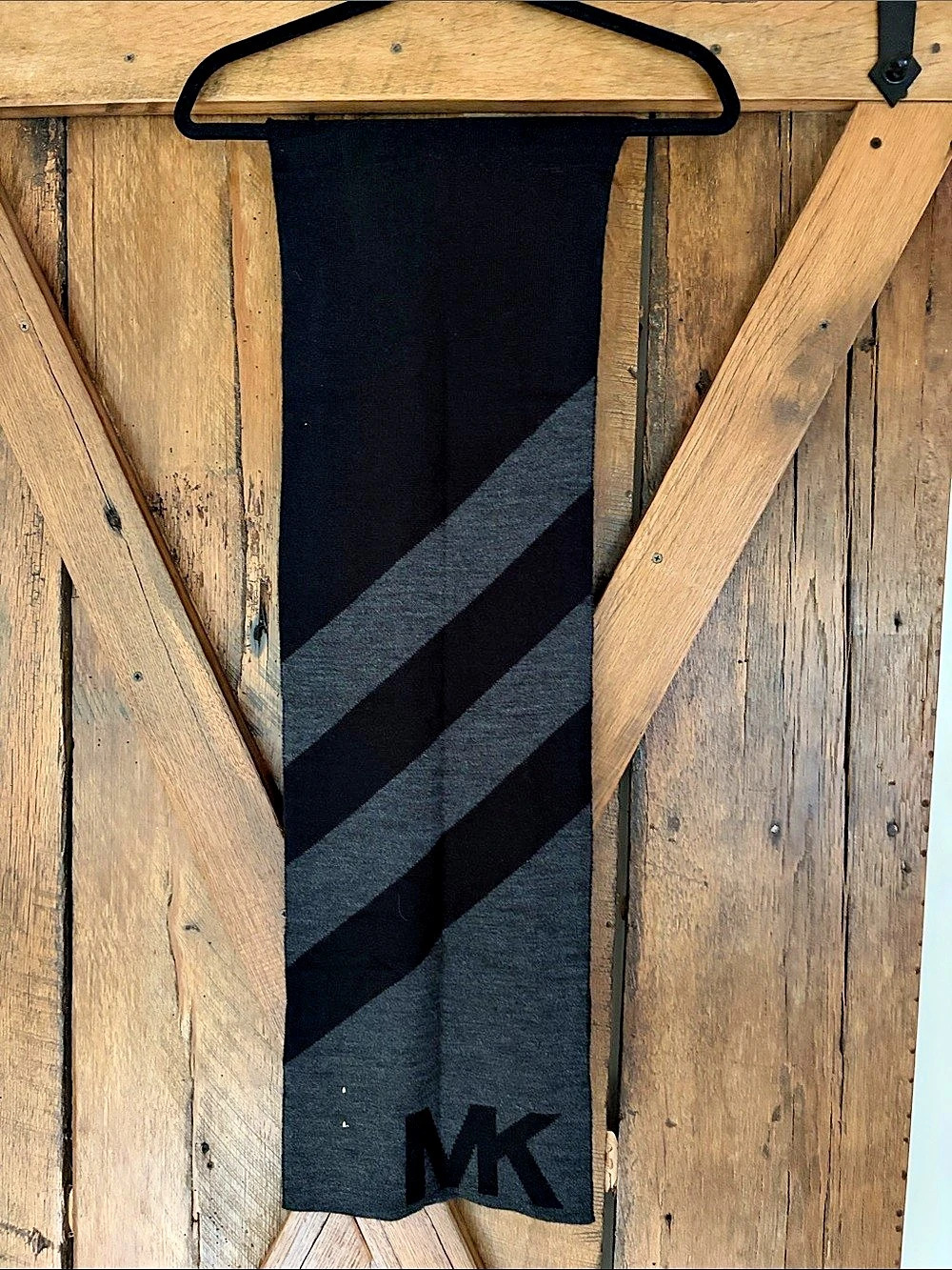 Michael Kors MK Logo Black & Gray Diagonal Stripe Knit Scarf